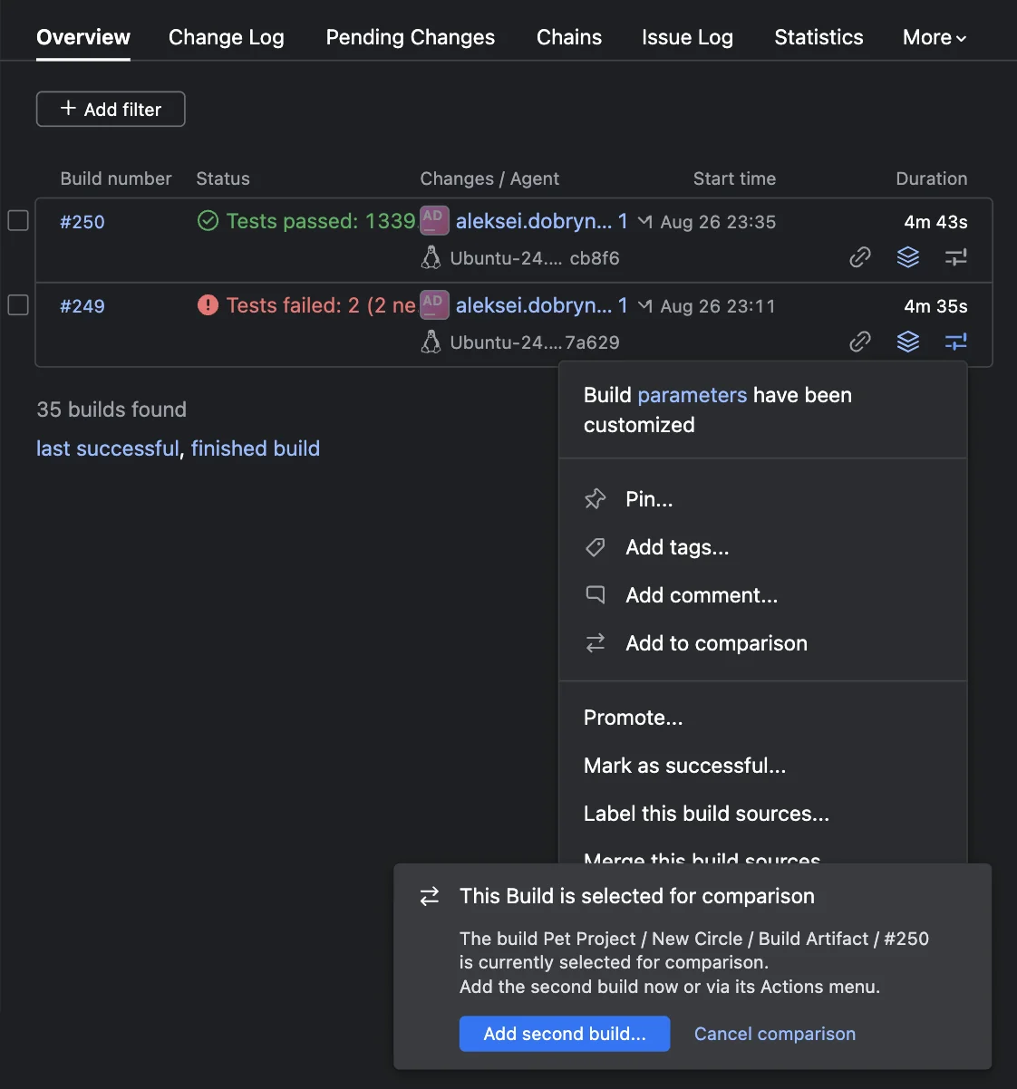 TeamCity build Actions menu with Add to comparison