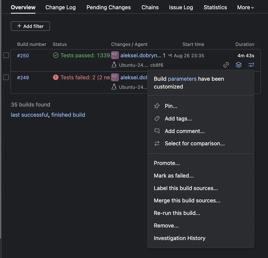 TeamCity build Actions menu with Select for comparison highlighted