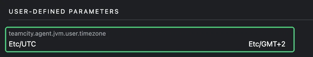 TeamCity Compare Builds Parameters tab with Only different enabled, showing different JVM timezone parameters